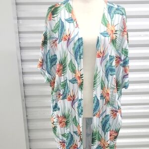 Floral Kimono Cardigan Open Front Hibiscus Bird Of Paradise Print Wrap White